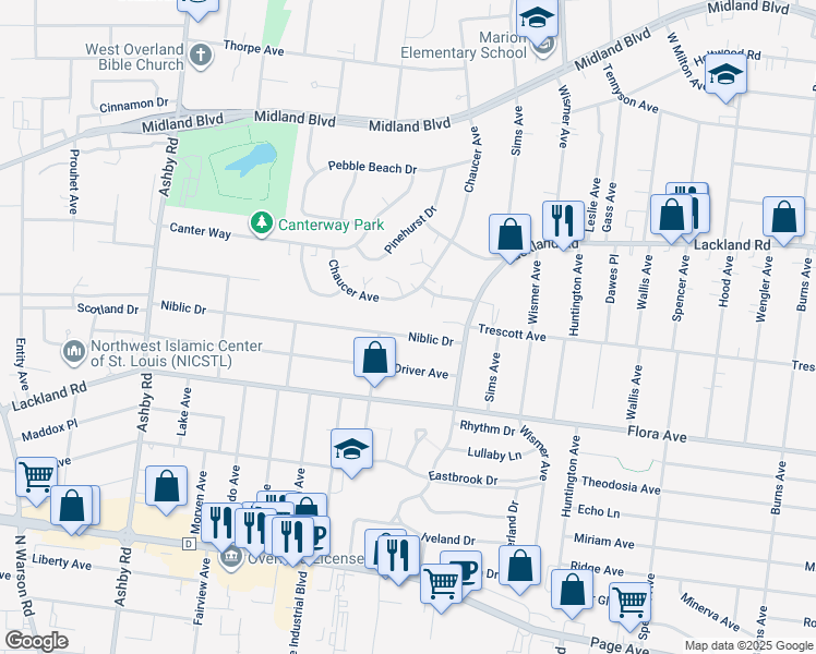map of restaurants, bars, coffee shops, grocery stores, and more near 10101 Niblic Drive in Overland