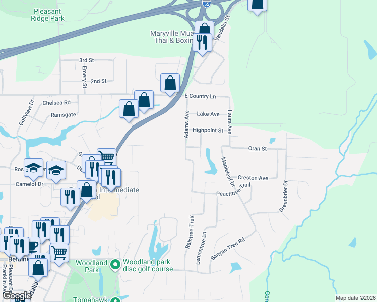 map of restaurants, bars, coffee shops, grocery stores, and more near 601 Oran Street in Collinsville