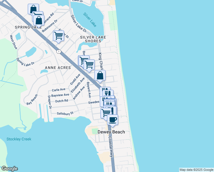 map of restaurants, bars, coffee shops, grocery stores, and more near 20 Saint Louis Street in Dewey Beach