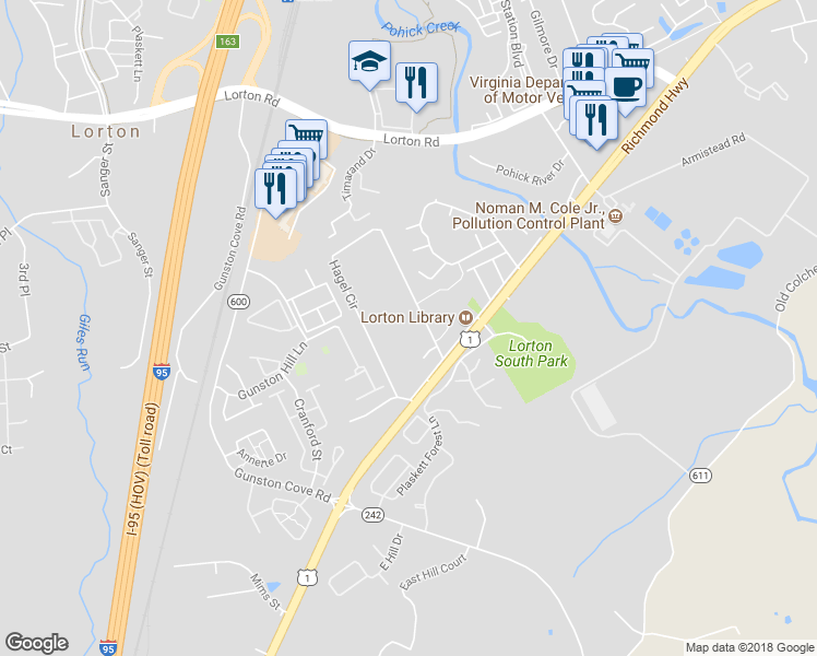 map of restaurants, bars, coffee shops, grocery stores, and more near 9580 Hagel Circle in Lorton
