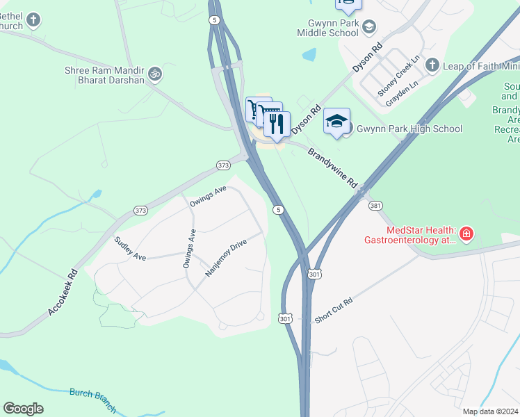 map of restaurants, bars, coffee shops, grocery stores, and more near 14509 Owings Avenue in Brandywine