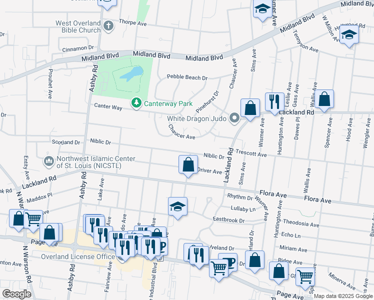 map of restaurants, bars, coffee shops, grocery stores, and more near 10205 Niblic Drive in Overland