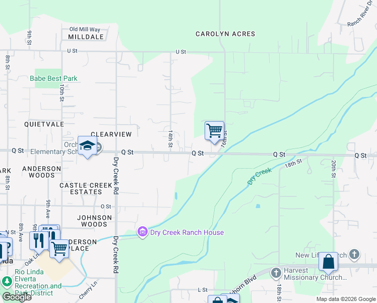 map of restaurants, bars, coffee shops, grocery stores, and more near 1449 Q Street in Rio Linda