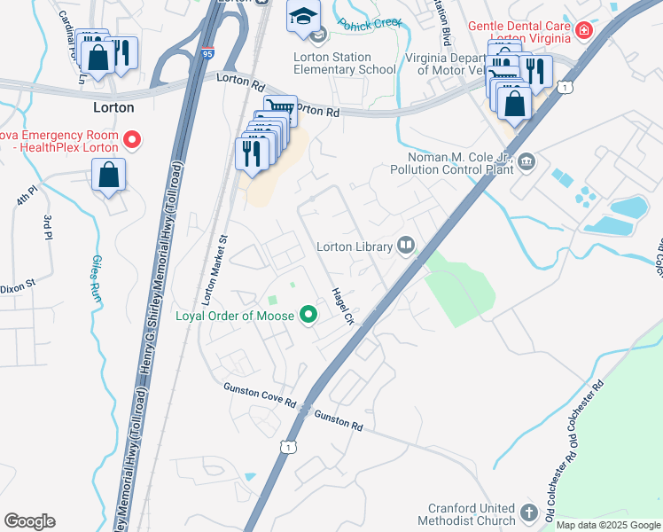 map of restaurants, bars, coffee shops, grocery stores, and more near 9818 Hagel Circle in Lorton