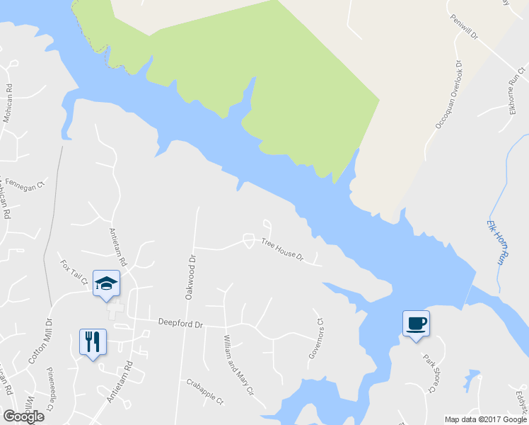 map of restaurants, bars, coffee shops, grocery stores, and more near 2568 Tree House Drive in Woodbridge