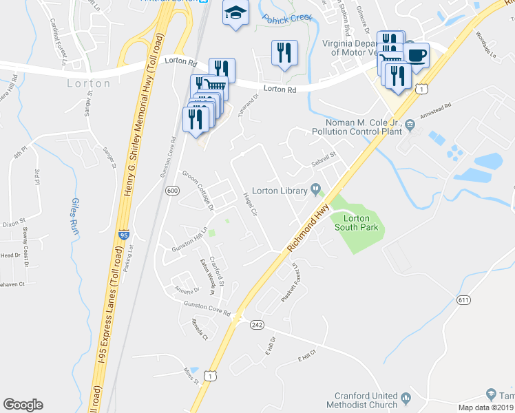 map of restaurants, bars, coffee shops, grocery stores, and more near 9821 Hagel Circle in Lorton