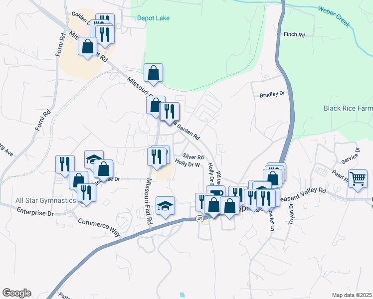 map of restaurants, bars, coffee shops, grocery stores, and more near 71 Hill Drive in Placerville