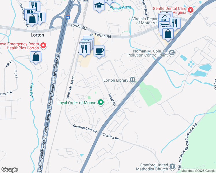 map of restaurants, bars, coffee shops, grocery stores, and more near 9818 Hagel Circle in Lorton