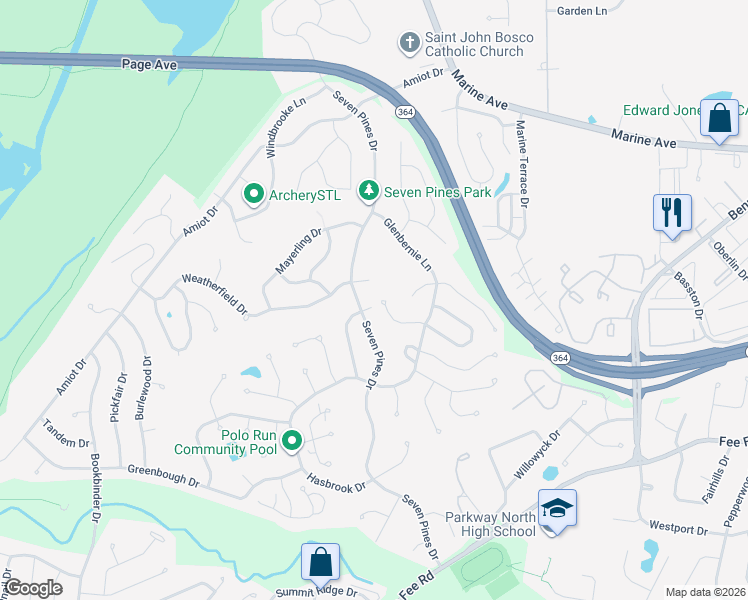 map of restaurants, bars, coffee shops, grocery stores, and more near 2028 Sandfield Drive in St. Louis