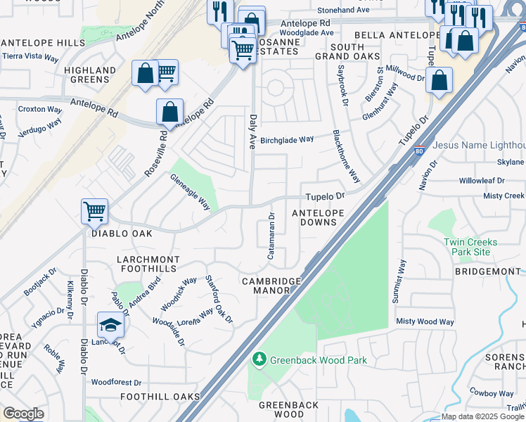 map of restaurants, bars, coffee shops, grocery stores, and more near 7300 Daly Avenue in Citrus Heights