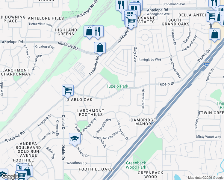 map of restaurants, bars, coffee shops, grocery stores, and more near 7236 Ojai Court in Sacramento