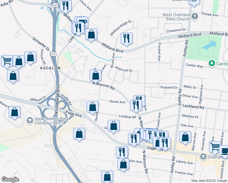 map of restaurants, bars, coffee shops, grocery stores, and more near 2233 North Warson Road in St. Louis