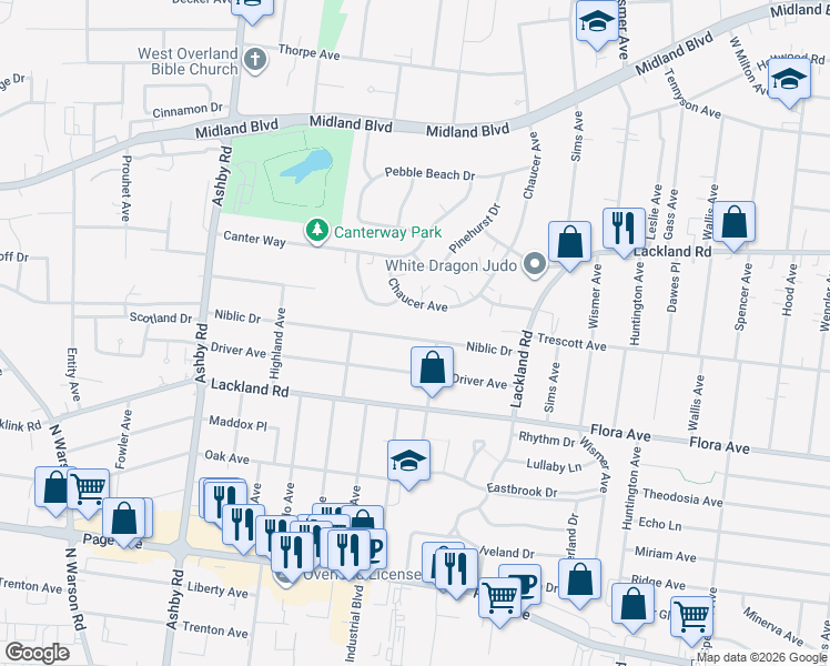 map of restaurants, bars, coffee shops, grocery stores, and more near 10205 Niblic Drive in Overland