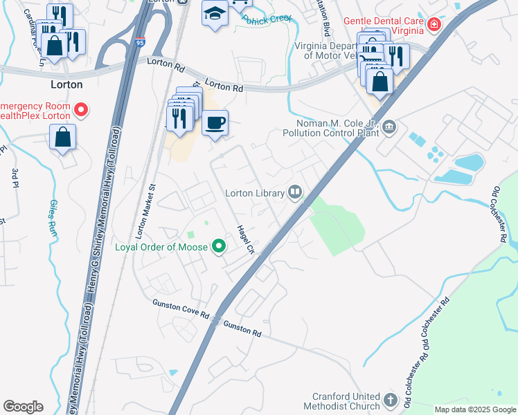 map of restaurants, bars, coffee shops, grocery stores, and more near 9580 Hagel Circle in Lorton