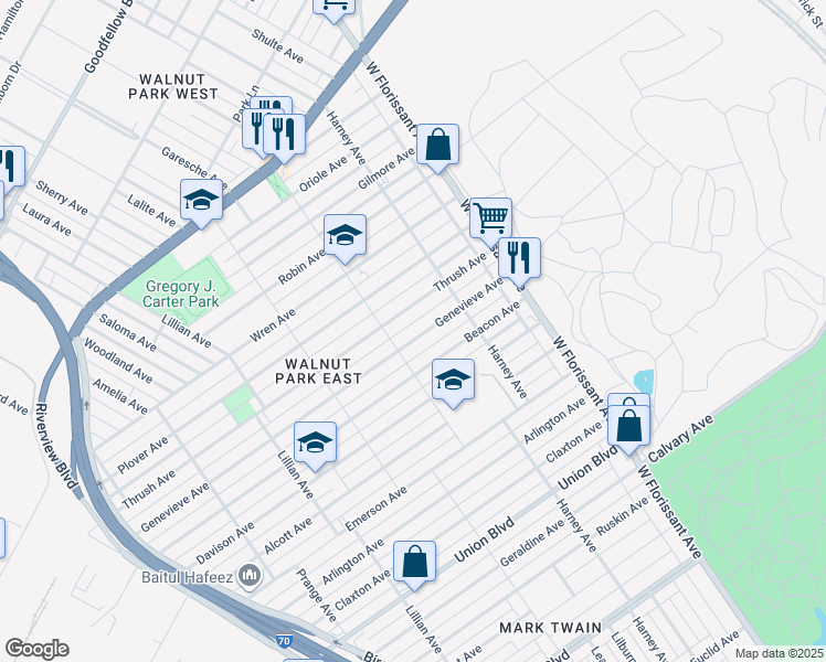 map of restaurants, bars, coffee shops, grocery stores, and more near 5421 Genevieve Avenue in St. Louis