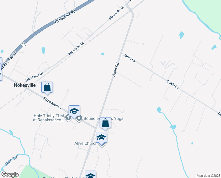 map of restaurants, bars, coffee shops, grocery stores, and more near 11801 Aden Road in Nokesville