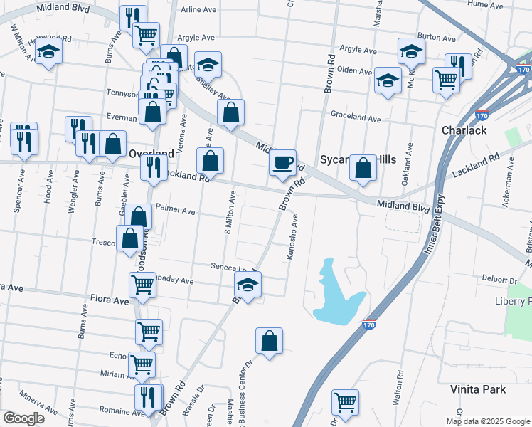 map of restaurants, bars, coffee shops, grocery stores, and more near 8902 Apache Lane in Overland
