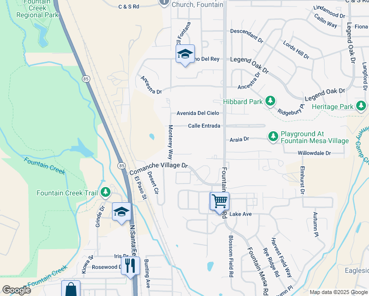 map of restaurants, bars, coffee shops, grocery stores, and more near 114 Comanche Court in Fountain