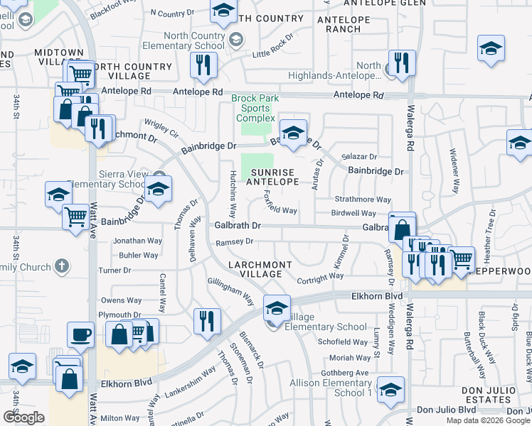 map of restaurants, bars, coffee shops, grocery stores, and more near 7222 Bobcat Court in North Highlands