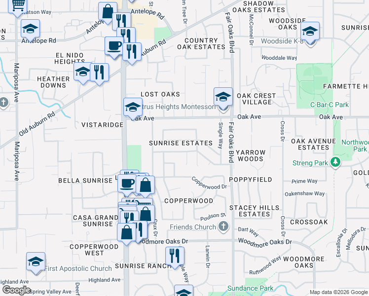 map of restaurants, bars, coffee shops, grocery stores, and more near 8011 San Cosme Drive in Citrus Heights