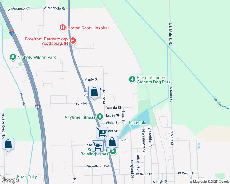 map of restaurants, bars, coffee shops, grocery stores, and more near 666 Cedar Street in Scottsburg