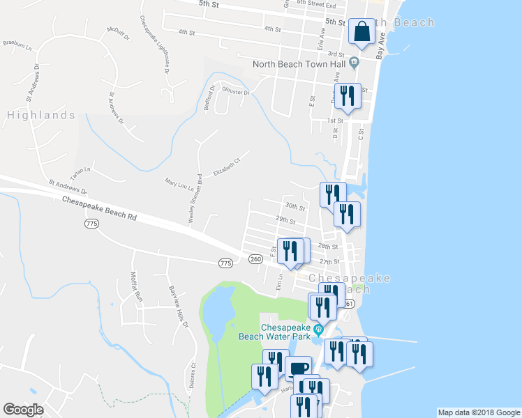 map of restaurants, bars, coffee shops, grocery stores, and more near 3610 29th St in Chesapeake Beach