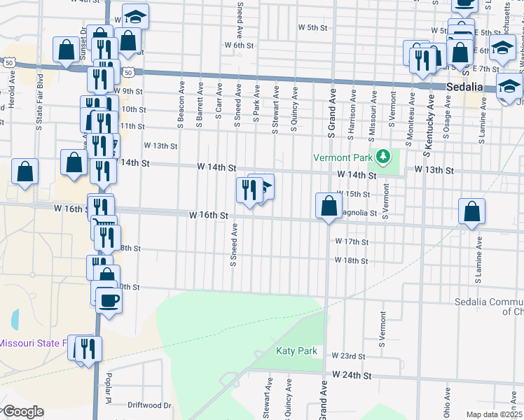 map of restaurants, bars, coffee shops, grocery stores, and more near 1100 West 16th Street in Sedalia