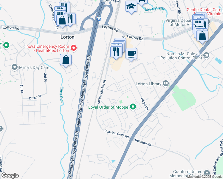 map of restaurants, bars, coffee shops, grocery stores, and more near 8040 Horseshoe Cottage Circle in Lorton