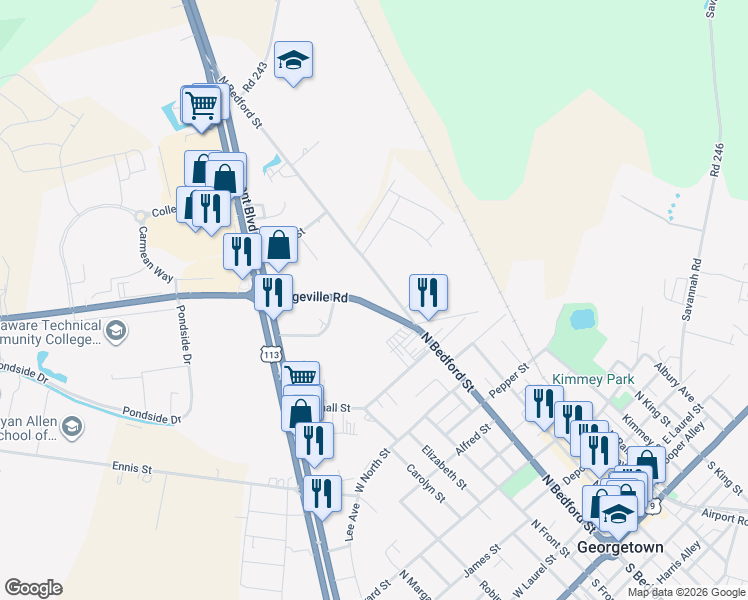 map of restaurants, bars, coffee shops, grocery stores, and more near 12 Bridgeville Road in Georgetown