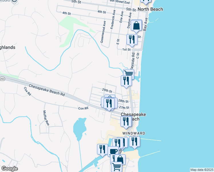 map of restaurants, bars, coffee shops, grocery stores, and more near 8421 F Street in Chesapeake Beach
