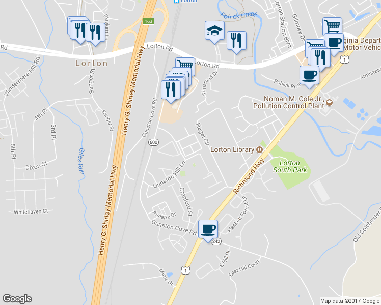 map of restaurants, bars, coffee shops, grocery stores, and more near 9640 Parson Massey Place in Lorton