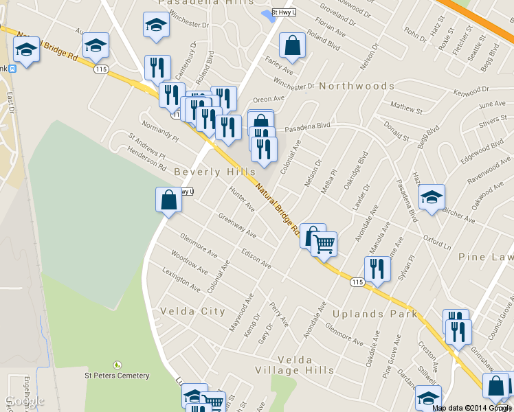 map of restaurants, bars, coffee shops, grocery stores, and more near 7003 Hunter Avenue in St. Louis