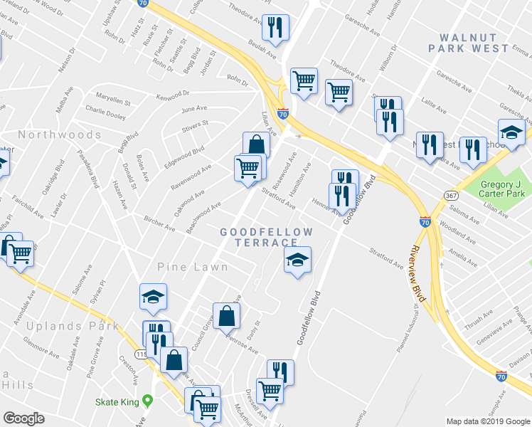 map of restaurants, bars, coffee shops, grocery stores, and more near 6110 Wyma Avenue in Saint Louis