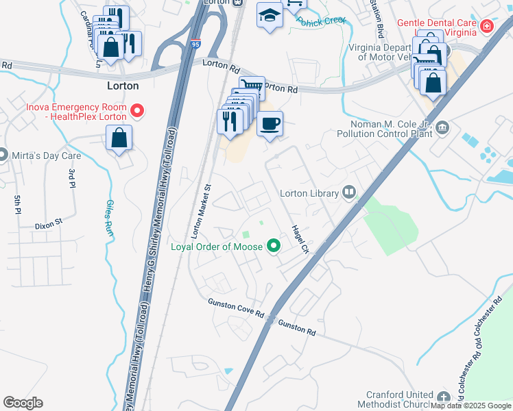 map of restaurants, bars, coffee shops, grocery stores, and more near 9640 Parson Massey Place in Lorton