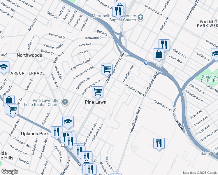 map of restaurants, bars, coffee shops, grocery stores, and more near 4305 Rosewood Avenue in St. Louis