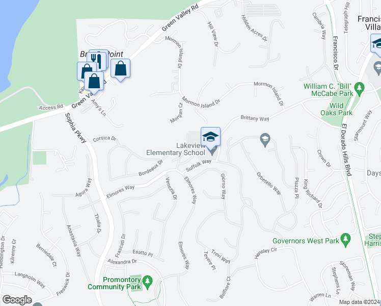 map of restaurants, bars, coffee shops, grocery stores, and more near 223 Tattinger Court in El Dorado Hills