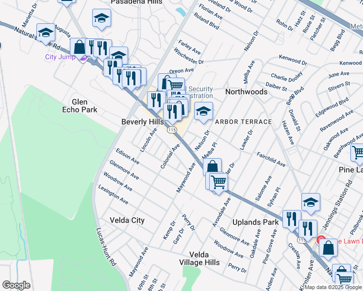 map of restaurants, bars, coffee shops, grocery stores, and more near 7003 Hunter Avenue in St. Louis