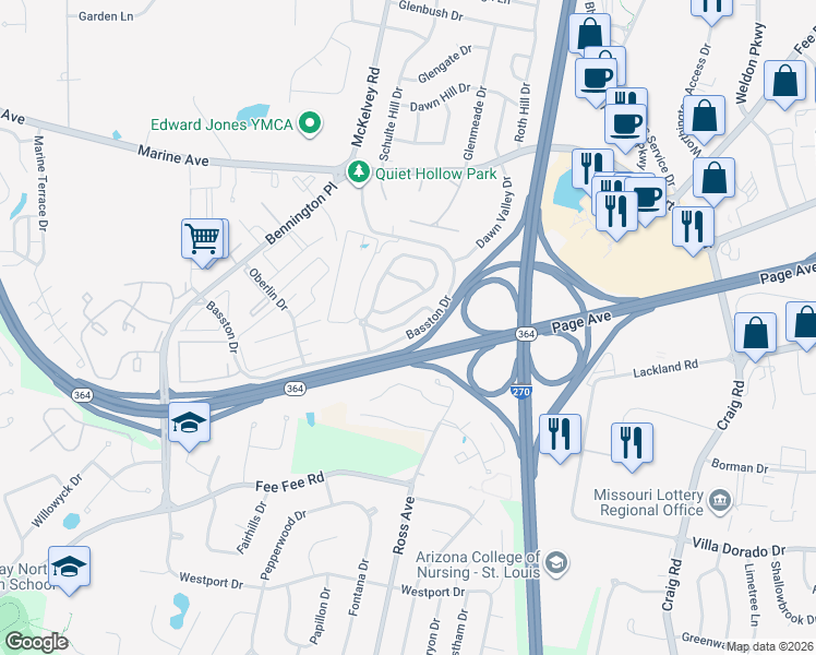 map of restaurants, bars, coffee shops, grocery stores, and more near 1813 Basston Drive in St. Louis