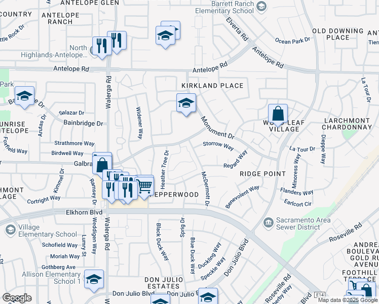 map of restaurants, bars, coffee shops, grocery stores, and more near 7253 Pepperwood Knoll Lane in Sacramento