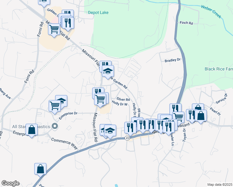 map of restaurants, bars, coffee shops, grocery stores, and more near 71 Vale Road in Placerville
