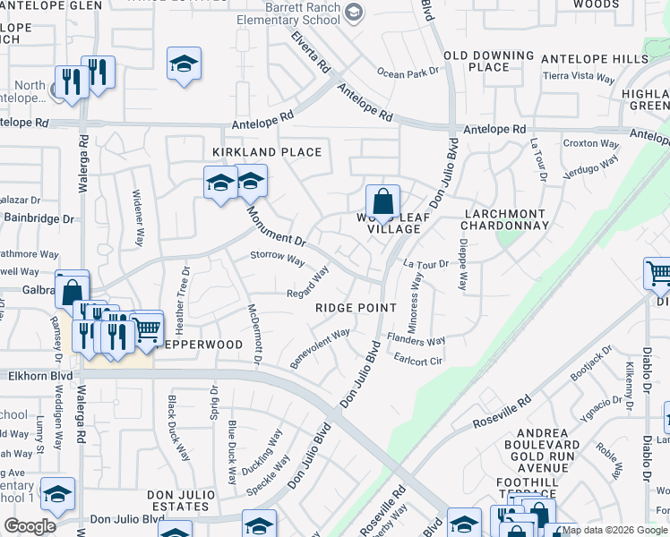 map of restaurants, bars, coffee shops, grocery stores, and more near 4840 Monument Drive in Sacramento