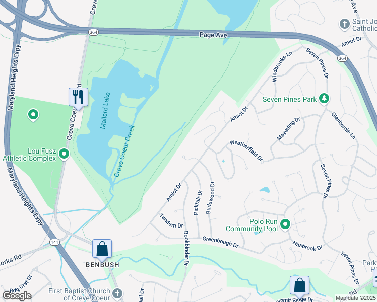 map of restaurants, bars, coffee shops, grocery stores, and more near 2006 Burlewood Drive in St. Louis