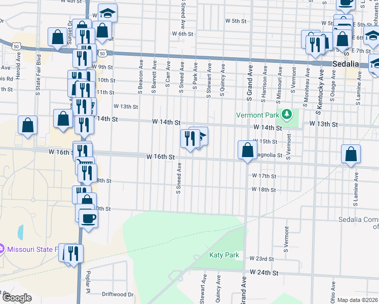 map of restaurants, bars, coffee shops, grocery stores, and more near 1500 South Park Avenue in Sedalia