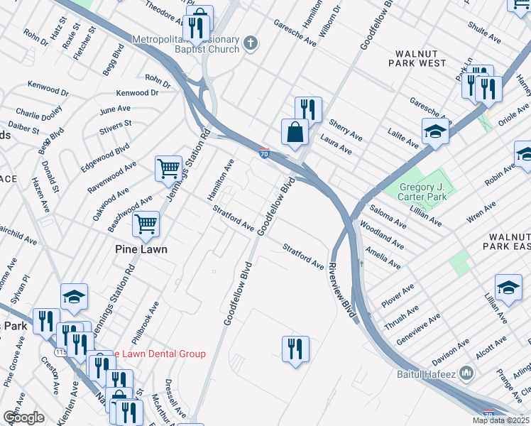map of restaurants, bars, coffee shops, grocery stores, and more near 4727 Goodfellow Boulevard in St. Louis