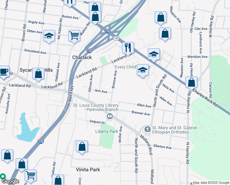 map of restaurants, bars, coffee shops, grocery stores, and more near 2400 Bristow Avenue in St. Louis