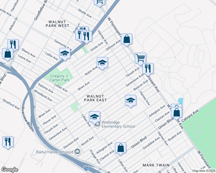 map of restaurants, bars, coffee shops, grocery stores, and more near 5275 Thrush Avenue in St. Louis