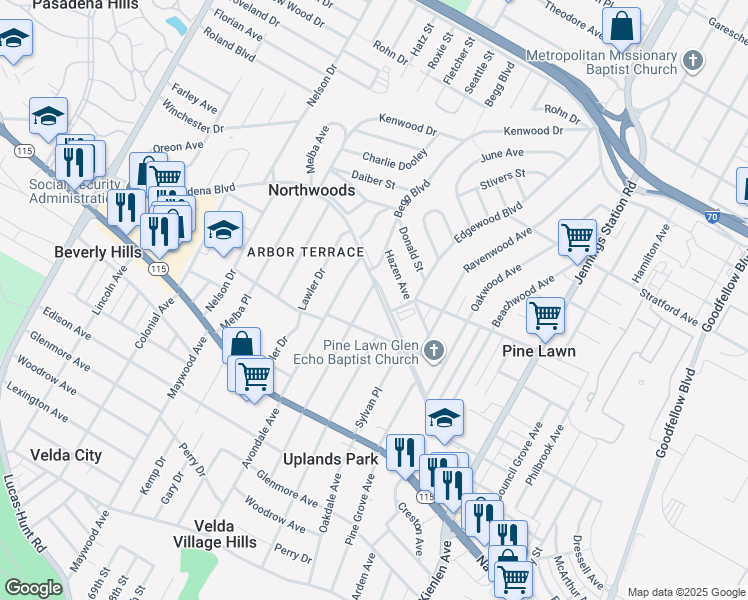 map of restaurants, bars, coffee shops, grocery stores, and more near 3820 Manola Avenue in Saint Louis