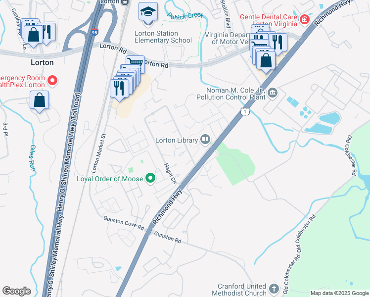 map of restaurants, bars, coffee shops, grocery stores, and more near 9589 Hagel Circle in Lorton