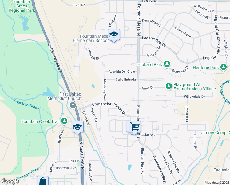 map of restaurants, bars, coffee shops, grocery stores, and more near 114 Comanche Court in Fountain