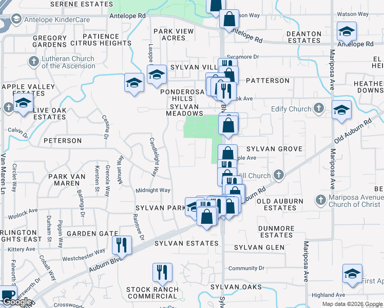 map of restaurants, bars, coffee shops, grocery stores, and more near 7307 Fairytale Street in Citrus Heights